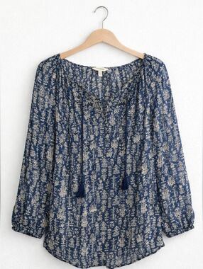 LUCKY BRAND Navy Blue Peasant Boho Tie Neck Blouse Sz M Embroidery